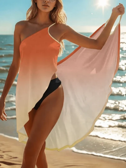 Đầm đi biển dáng suông bất đối xứng màu cam vàng ombre 26SS dành cho nữ, thích hợp cho bikini và kỳ nghỉ.
