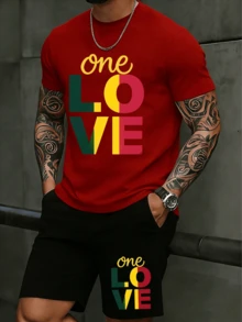 Graphic Tees 2 Piece Set Men Camisetas Para Hombre, Reggae Inspired One Love Print Short Sleeve T-Shirt And Shorts Set, Soft Skin-Friendly Casual Wear For Daily Outings 100 Percent Cotton Graphic Tees Funny Graphic Tees Graphic Shirts Conjuntos Para Hombre Mens 2 Piece Outfits Summer Outfits For Men Conjunto De Hombre - Quần short đỏ + đen - Xem 1