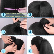 女士24英寸蓬松直马尾辫，环绕式魔术贴Yaki直马尾辫夹式合成加厚蓬松直马尾辫接发 - 黑色 - 查看 8