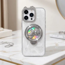 Silver/White Glitter Rotating Horse Phone Holder Case With Rhinestone Ring Grip, Full Coverage Lens Protection Luxury Soft Phone Case, Compatible With IPhone 17/16/15/14/13 Pro Max - Multicolor - View 9