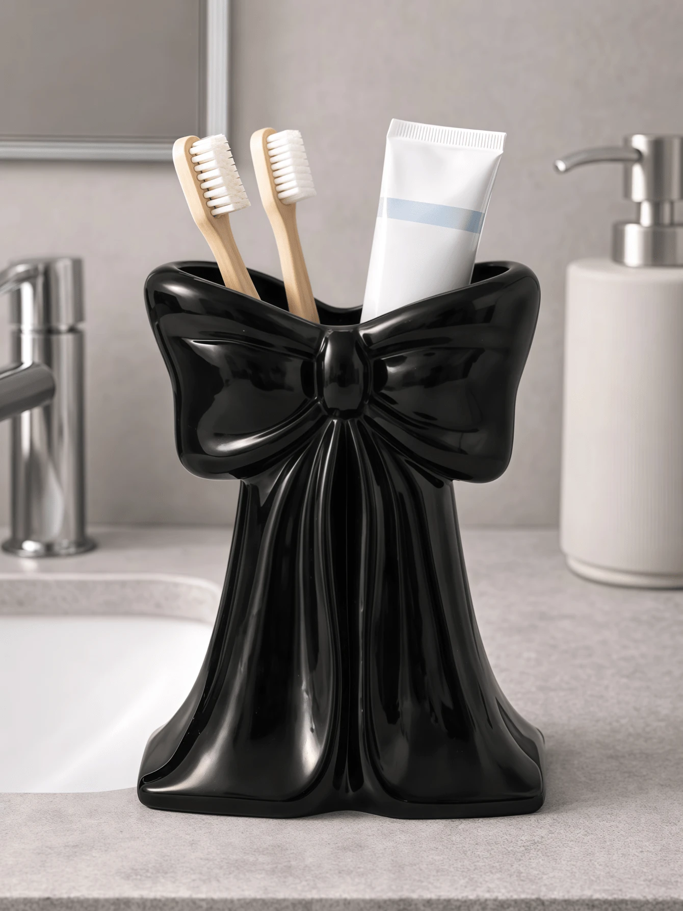 1pc Nordic Style Bowknot Toothbrush Holder, Electric Toothbrush Stand, Cosmetic Storage Rack, Toothbrush Organizer, Decorative Desktop Organizer, Elegant Room Decor, Home Decor, Space-Saving Storage, For Kitchen, Bathroom, Bedroom - Multicolor - View 1