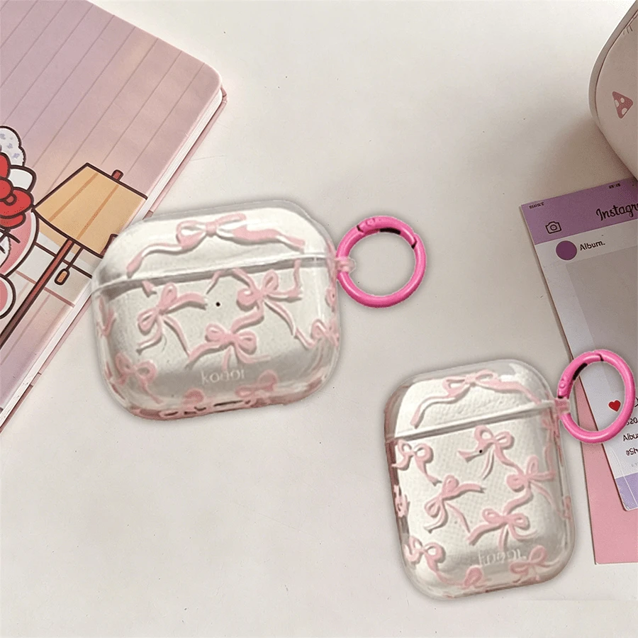 Apple 1/2/3/4, Pro/Pro2 Protective Case, Pink Bow Design With Keychain, Travel Protection Accessory - Multicolor - View 1