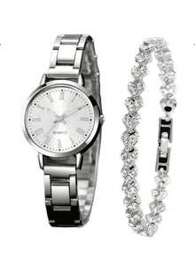 2pcs/Set Fashion Elegant Crystal Watch & Luxury Rhinestone Bangle Bracelet Watch, Quartz Watch, Eid Gift - Silver - View 2