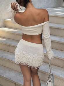 Women's Off-Shoulder Knit Top And Knit Tassel Mini Skirt Set, Vacation - Apricot - View 7