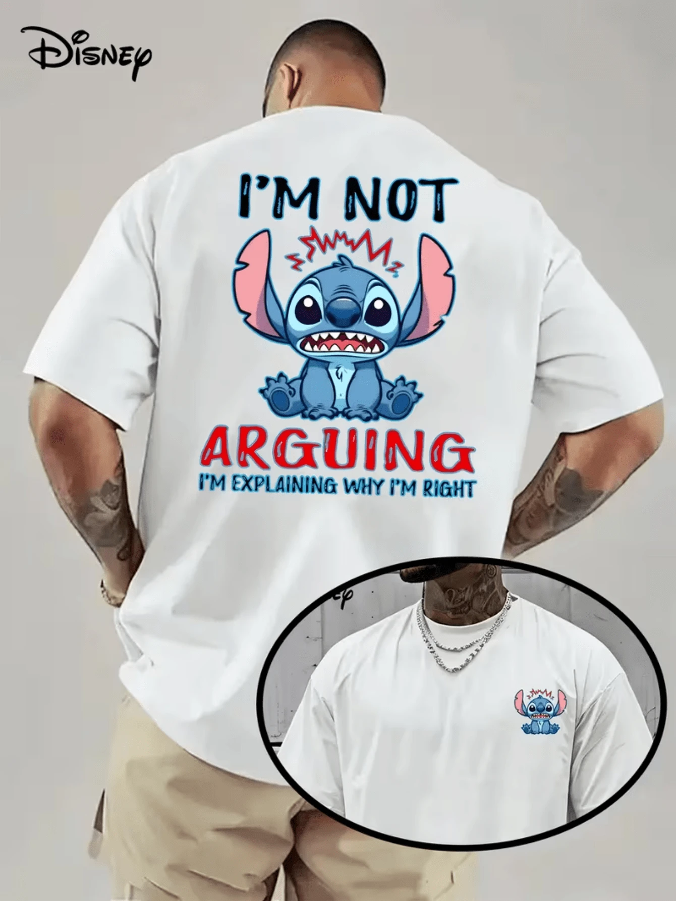 [Disney Licensed]Disney Lilo & Stitch Stitch I'm Not Arguing I'm Explaining Why I'm Right Funny Graphic T-Shirt, Men's Casual Short Sleeve Crew Neck Tee With Small Chest Print, Sarcastic Cartoon Streetwear Casual Tops For Summer Daily Wear, Disney Officially Authorized Men's Short-Sleeved T-Shirts, Mens Clothes, Men, Ropa De Hombre, Summer Clothes, Men Shirts, Graphic Tees, Disney Outfits Men, Graphic Tees, Camisetas Para Hombre, Camisas Para Hombre, Summer Outfits For Men, Father's Day Gift, Perfect Gift For Family And Friends, Which Are Necessary For Birthday Parties, Disney Shirts, Mens Clothes, Summer Clothes, Officially Licensed Disney T-Shirts, Disney Men's And Women's Spring/Summer Fashion Casual Short-Sleeve T-Shirts - White - View 1