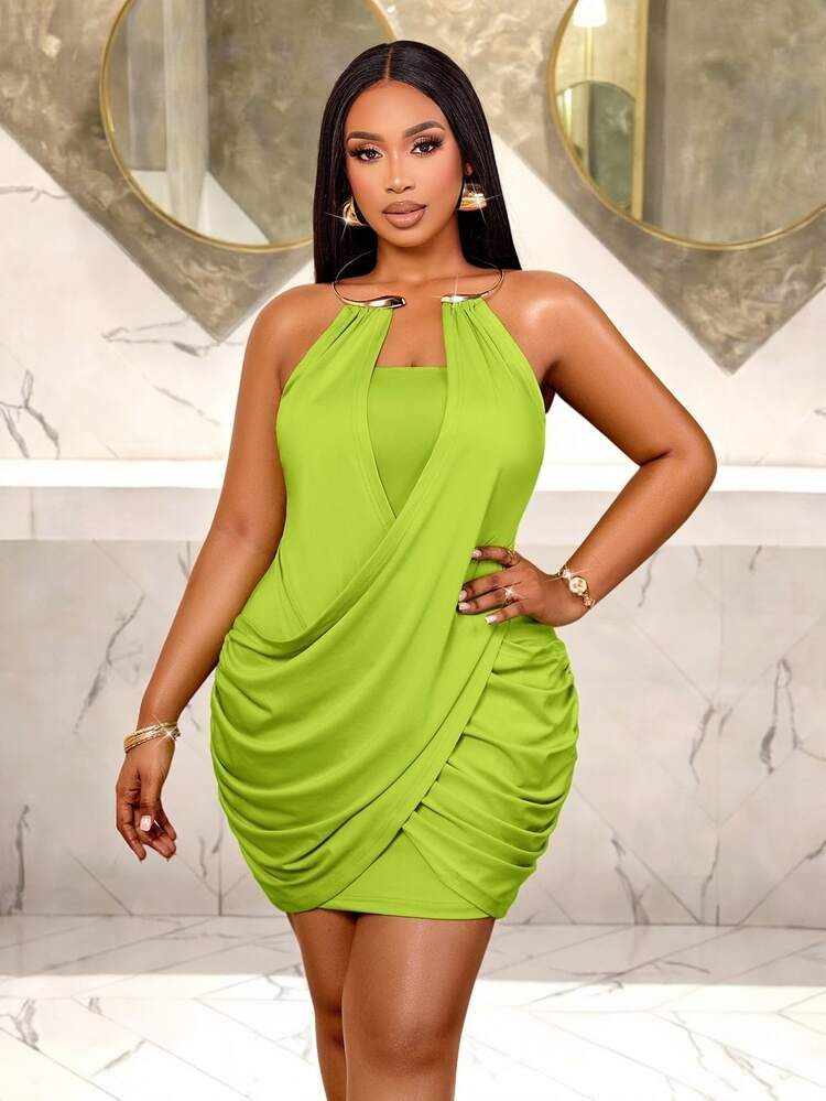 BIUBIU Plus Size Lime Green Strapless Metal Ring Decor Ruched Bodycon Mini Dress - Elegant Sexy Summer Party Wedding Guest Outfit For Women