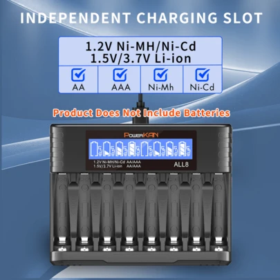 powerKAN Cargador de baterías AA AAA, 8 ranuras que pueden cargar de 1 a 8 baterías AA AAA al mismo tiempo, corriente de salida de 500 mA*1 y entrada USB-C, cargador de baterías LCD para baterías recargables de 1.2V Ni-MH/Ni-CD AA AAA (con cable USB-C)