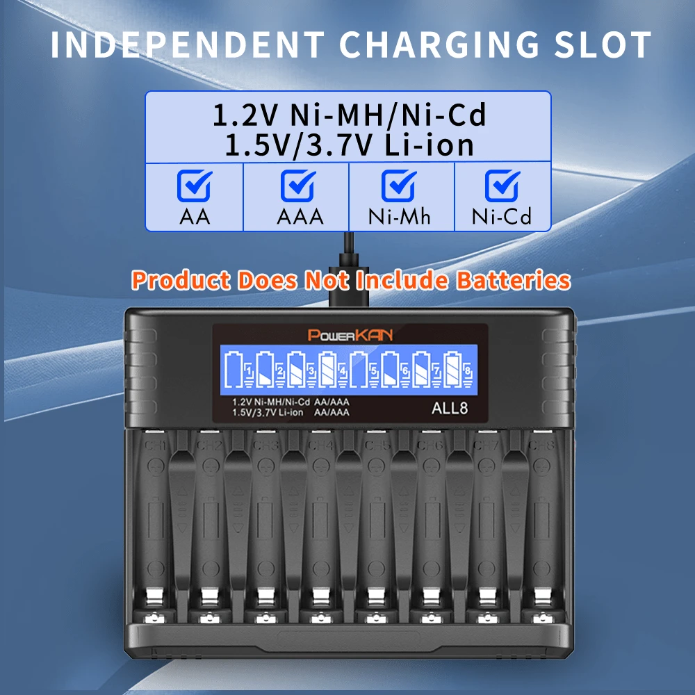powerKAN ALL8 AA AAA 电池充电器，8 个插槽可同时为 1-8 节 AA AAA 电池充电，输出电流 500mA*1，USB-C 输入，带 LCD 显示屏，适用于 1.2V 镍氢/镍镉 AA AAA 可充电电池（含 USB-C 数据线）