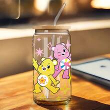 CARE BEARS 1 cốc thủy tinh có ống hút 16oz với họa tiết gấu hoạt hình và trái tim dễ thương, bền chắc, chống rò rỉ, món quà lý tưởng cho gia đình, bạn bè, Giáng sinh và bất kỳ dịp nào. - Nhiều màu - Xem 12