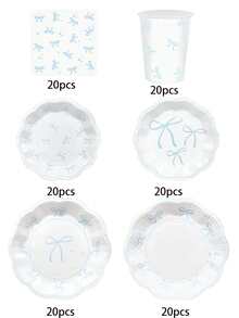 10pcs/20pcs/70pcs/120pcs Light Blue & White Bow Theme Birthday Party Decorations Paper Plates Paper Napkins Paper Cups Tableware Set, Bow Theme Supplies For Bachelor/Bachelorette Wedding Bridal Shower Decor, Suitable For Men And Women - Blue and White - View 13