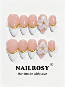 nailrosy 10pcs Pink Bow French Manicure Nail Stickers | Reusable Fake Nails | Elegant Minimalist Handmade Acrylic Nail Kit | Wedding Nails | Cute Nails | Gift For Her | Essential Nails | Daily Nails | Rhinestones - Multicolor - View 10