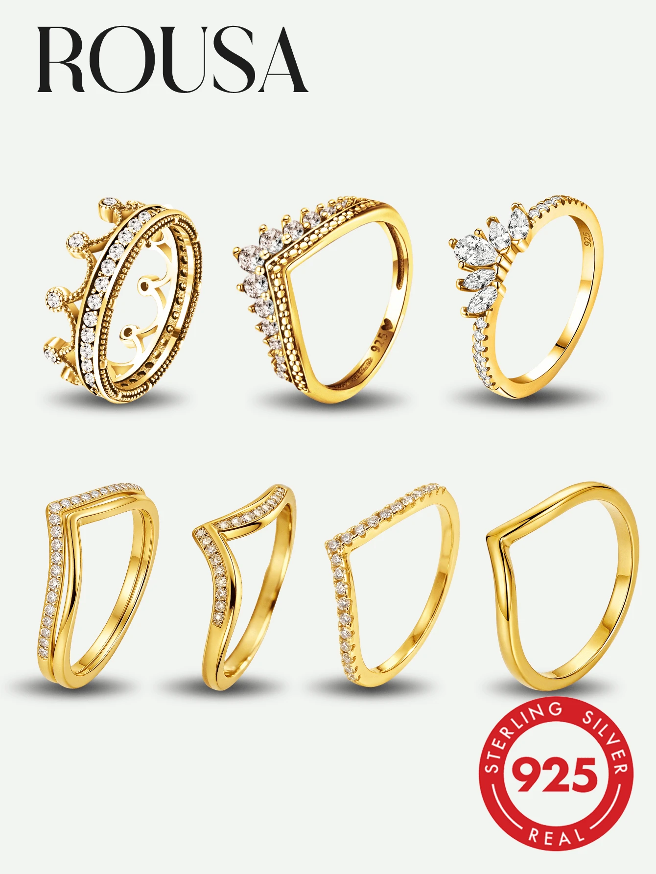 1pc 925 Sterling Silver Smooth V-Shaped Ring, Suitable For Women, Elegant Crystal Earrings, Exquisite Jewelry - Gold - View 1