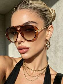 1pc Summer New Oversized Cateye Glasses, Leopard Print Retro Aviator Frame, Suitable For Men, Women, Students For Daily, Beach, Street, Runway, Party - Multicolor - View 2