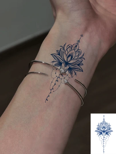 1 miếng dán hình xăm tạm thời chống thấm nước, thiết kế chữ Phạn + hoa sen sang trọng, thích hợp cho các bữa tiệc đêm, hình xăm giả làm từ thảo dược, dễ sử dụng, phù hợp cho cánh tay và chân của nữ, giữ được 7-14 ngày, không thể thiếu cho các bữa tiệc, lễ hội âm nhạc.