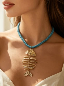 Collar con colgante de pez pintado a mano para mujer | Estilo bohemio multicolor de océano, regalo de Pascua para fiesta de playa - forma de espina de pescado - Ver 7