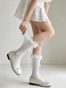 1/3 Pairs Cute Versatile Hollow Lace Ruffle Bow Mid-Calf Socks - Multicolor - View 6