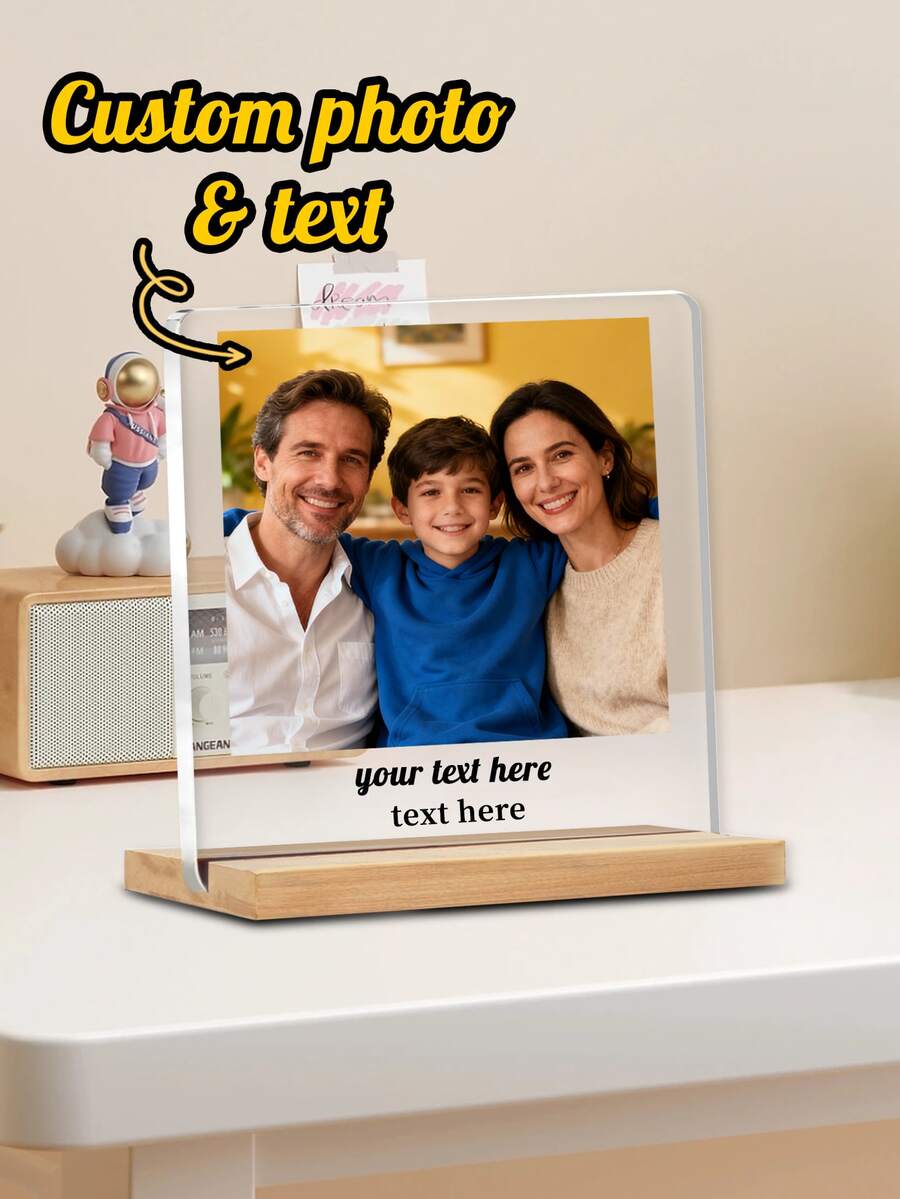 Custom Photo Acrylic Frame With Wooden Base, Personalized Picture Frame With Text, Transparent Plaque Photo Print, Family Portrait Display, Anniversary Birthday Wedding Gift, Memorial Keepsake, Clear Acrylic Photo Stand, UV Printed - Multicolor - View 1