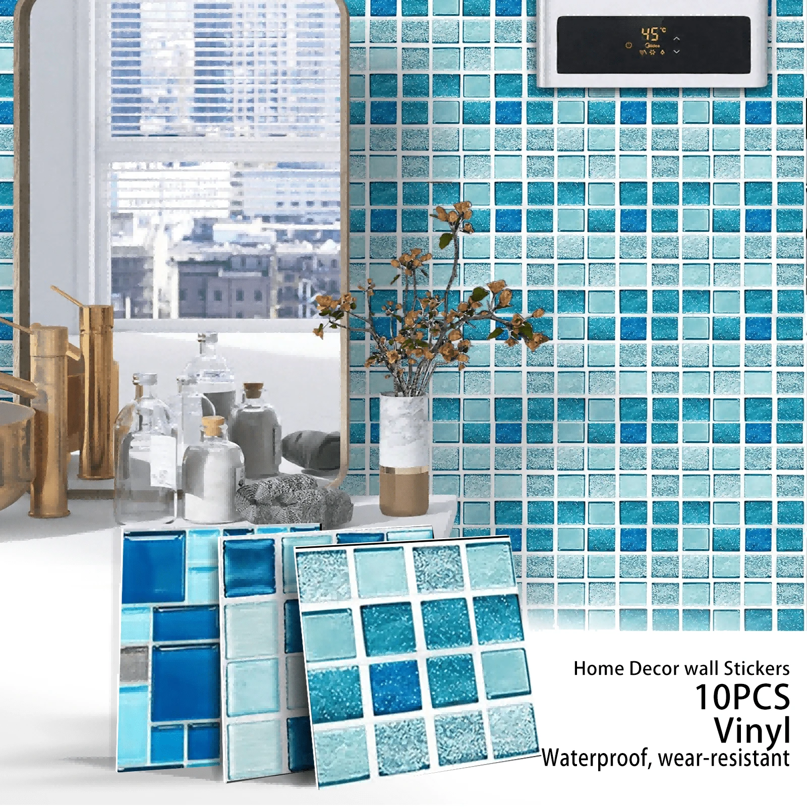 OUTANA 10pcs Blue PVC Mosaic Style Self-Adhesive Removable Wallpaper, Waterproof, Moisture-Proof, Easy To Clean Wall Stickers, Can Be Cut And Pasted, Modern Minimalist Blue Square Design Stickers, Suitable For Decorating Kitchen, Dining Table, Living Room Wall, Bedroom Wardrobe, Bathroom, Office And Gym