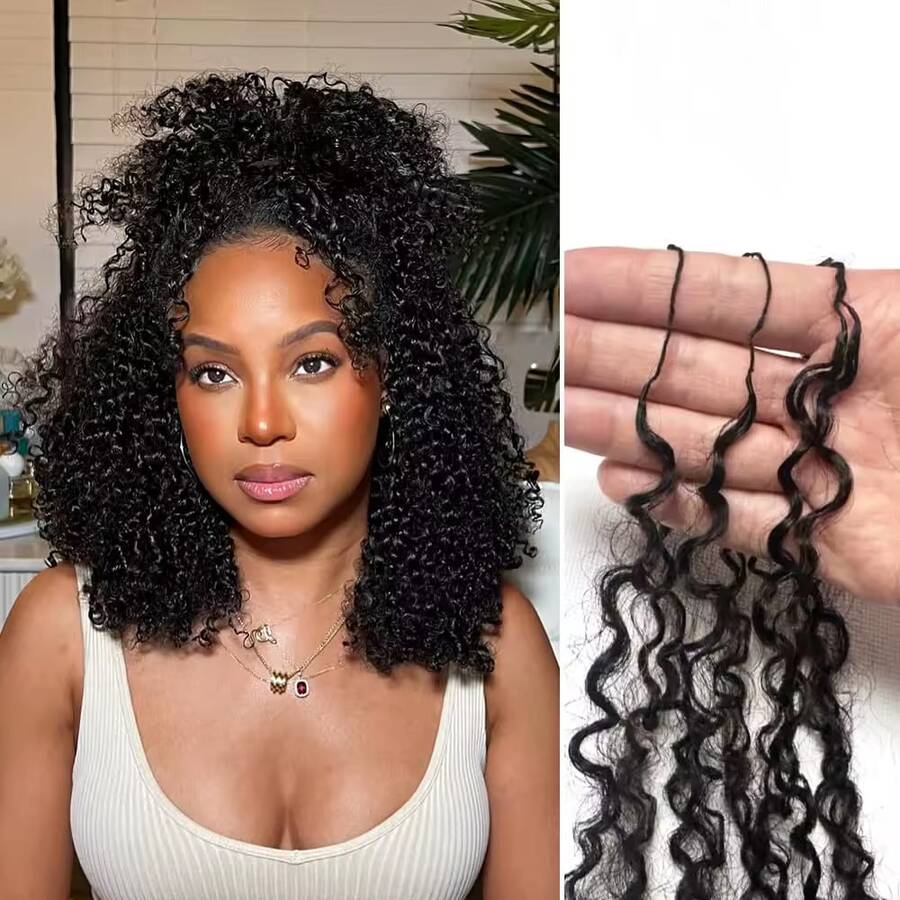 bling hair Feather Crochet Curly Knotless Pre-Separated Crochet Hair Extensions Micro Pre Looped Afro Kinky-Curly Human Crochet Hair 100% Human Hair Extensions Natural Color (Natural Black(50g), 16 Inch) - Natural Black - 查看 1