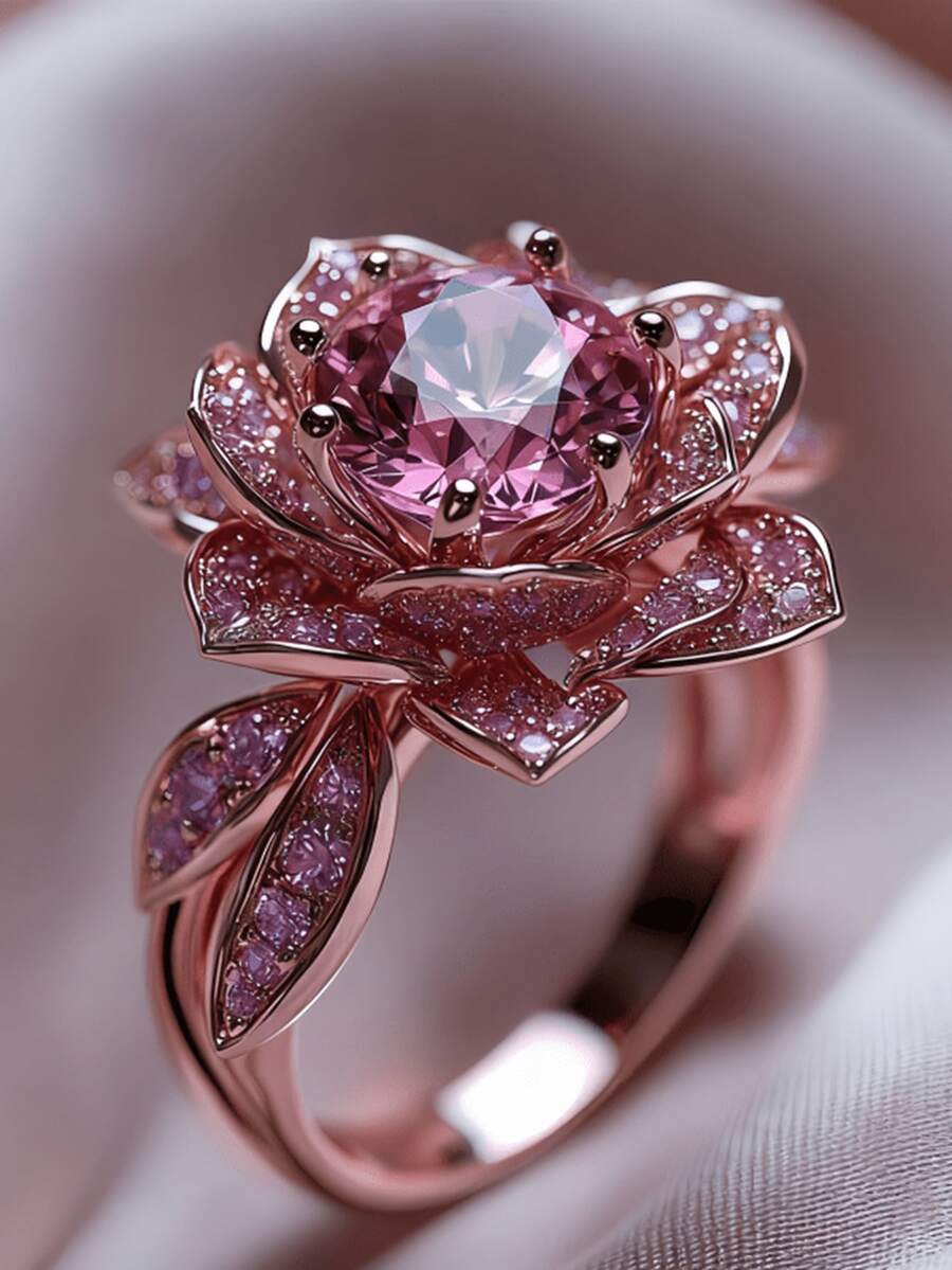 Eterna Glow 1pc Luxury Flower Shape Rose Gold Color Rings For Women Fashion Rings Accessories For Engagement Ceremony Birthday Wedding Party Jewelry - Ring - View 1