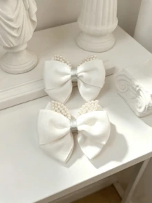 2pcs/Set Versatile Pearl Bow Hair Clips, Gentle Lady Style Headwear For Daily Commute - White - View 4