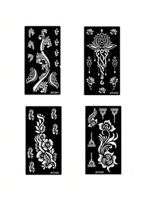 4pcs Floral Tattoo Stencil Stickers, Plant Hollow Temporary Tattoo Template For Arm, Leg, DIY Body Art Painting Party - Black - View 11