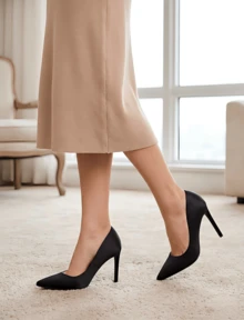 Women's Satin Pointed Toe High Heel Pumps, 4 Inch Stiletto Heels, Classic Slip On Dress Shoes For Wedding Party Office - Black - View 2