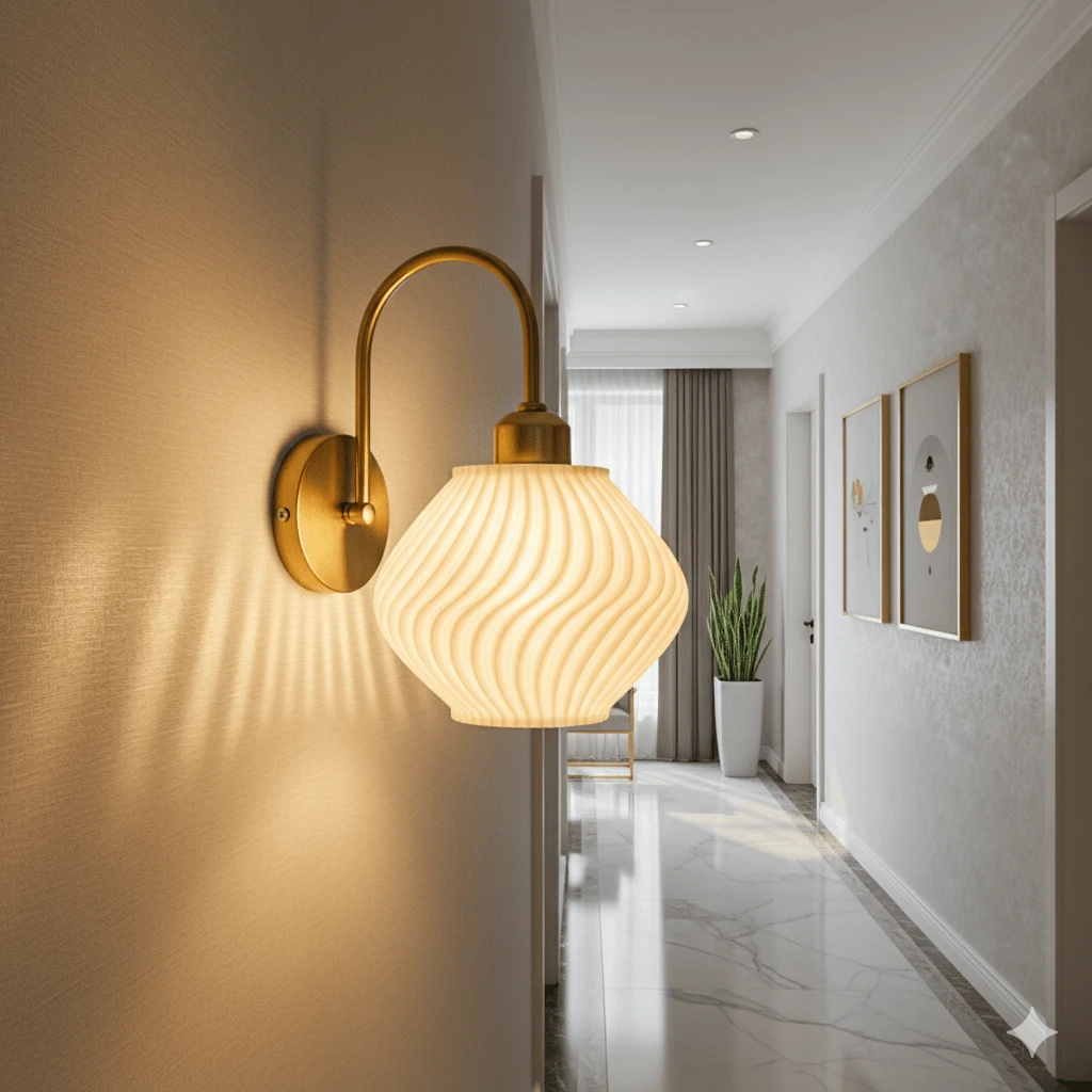 1/2pcs Luxury Brass-Color Ripple Glass Wall Lamp, E27 Socket, Hard-Wired Connection, Nordic Bedroom Bedside Lamp, Cream Style Living Room Corridor Backdrop Wall Decor Lamp, Bathroom Mirror Front Light, Hallway Decor Lamp (Bulb Not Included) - Gold - View 1