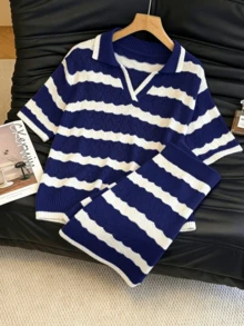 Women's Striped Polo Collar Shorts Set, Fashionable Casual Loose Hollow Thin Knit 2 Pieces Vacation Outfit, Spring/Summer - Royal Blue - View 5
