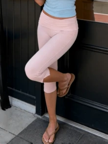 Women Y2k Fold Over Capri Pants Low Rise Knee Length Yoga Leggings Rollover Stretchy Cropped Leggings Solid Color Slim Fit Cropped Pants Summer Going Out Pants Daily Casual Streetwear - 粉色 - 查看 3