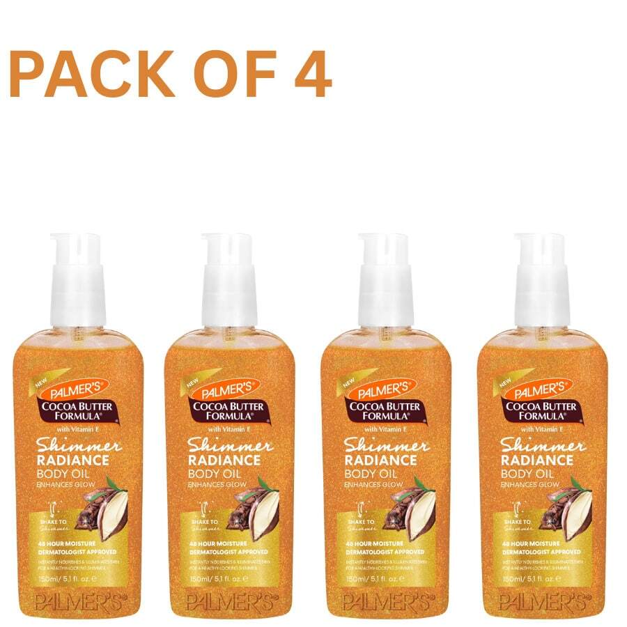 Palmer's Aceite corporal con brillo de manteca de cacao de Palmer con vitamina E, paquete de 4 botellas (cada una de 150ml) de aceite hidratante de brillo ligero - 5ml - Ver 1