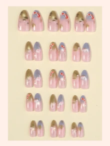 Y2K花卉亚克力美甲片30片装，全息中号杏仁形按压式美甲片，Y2K猫眼假指甲套装，饰有金鱼和荷花图案。适合日常佩戴，也是送给女孩和女士的节日派对礼物。 - 彩色 - 查看 2