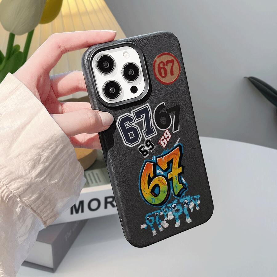 卡通“67”图案设计，包含四肢、眼睛、手套和鞋子，搭配“Six Seven”文字标题，兼容 17、16、15、14、13、12、11、Plus、Pro Max手机壳，握感舒适，简约设计，经久耐用，男女皆宜，外观时尚。（周年纪念日、情人节、新月，送给自己的最佳礼物） - 彩色 - 查看 1