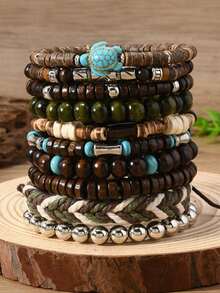 Bộ 10 vòng tay hạt gỗ phong cách Bohemian, hình rùa biển, dừa, ngọc lam, thích hợp cho nam giới đeo hàng ngày. - Nhiều màu - Xem 2