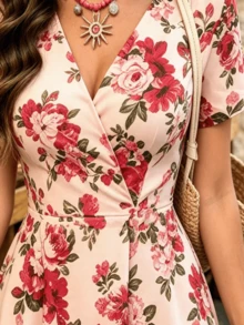 Đầm nữ mùa hè 2026 bán chạy nhất, cổ chữ V, in hoa hồng, dáng chữ A thắt eo, tôn dáng, thích hợp cho kỳ nghỉ và hẹn hò, đầm đi biển thanh lịch kiểu Bohemian với viền bèo nhún, phong cách lễ hội âm nhạc đồng quê. - Nhiều màu - Xem 10