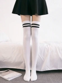 1 Pair Women Knitted Thigh High Socks, Striped Tight Fit Over The Knee Long So - White - View 8