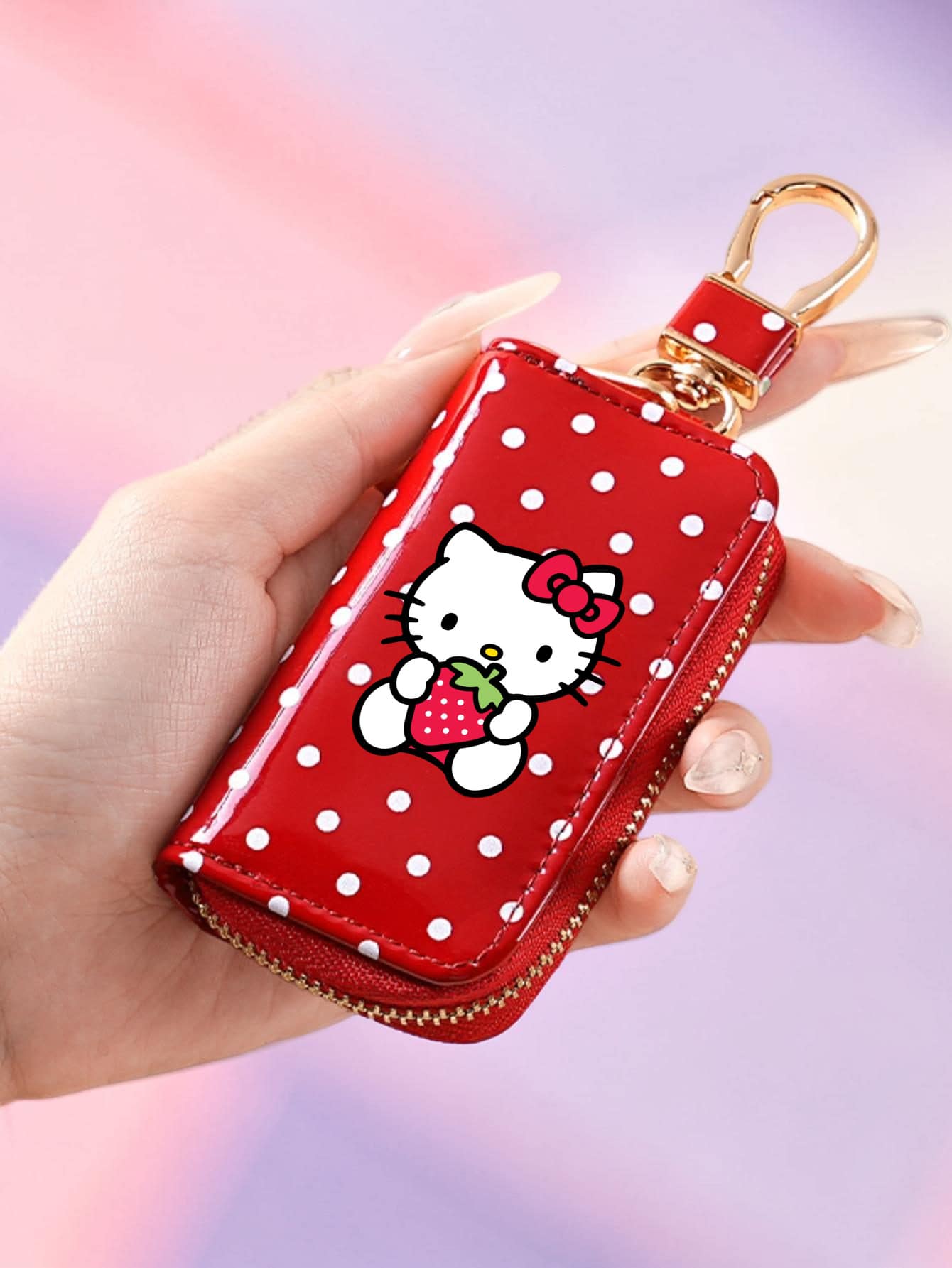 SANRIO 1个Hello Kitty波点钥匙包，带拉链和金属夹，亮面迷你钥匙袋，亮面波点拉链钥匙包，迷你钥匙夹钱包，带金属夹的迷你钥匙包，女士波点亮面拉链钥匙包 - 彩色 - 查看 1