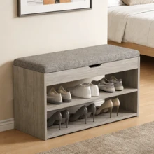 Eine Schuhbank mit Sitzgelegenheit, eine lang gestaffelte, gepolsterte Bank mit Stauraumfunktion, offene Regale, geeignet für Wohnzimmer, Schlafzimmer und Flure, platzsparend, einfach zu montieren, klassischer Wohnstil, 80*24*44Cm, Grau - Übersicht 1