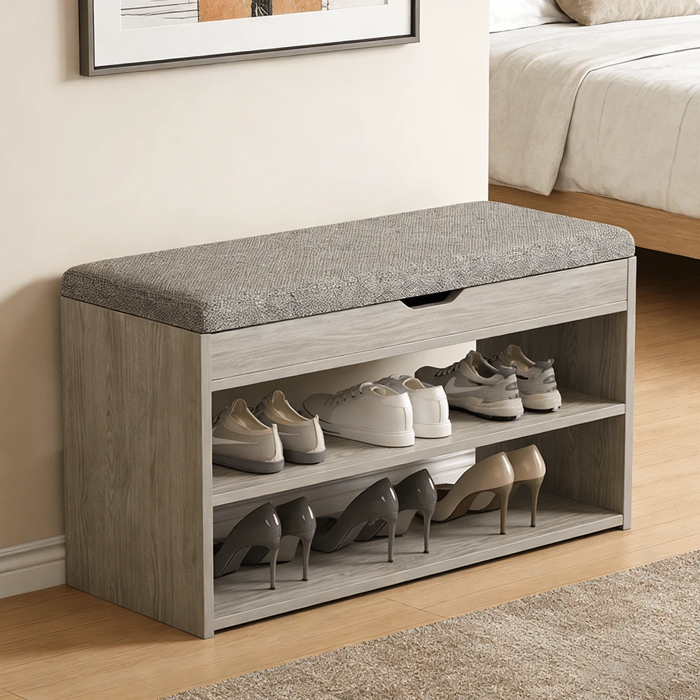 Eine Schuhbank mit Sitzgelegenheit, eine lang gestaffelte, gepolsterte Bank mit Stauraumfunktion, offene Regale, geeignet für Wohnzimmer, Schlafzimmer und Flure, platzsparend, einfach zu montieren, klassischer Wohnstil, 80*24*44Cm, Grau - Übersicht 1