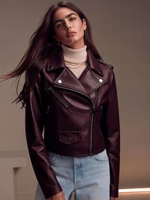 Women's Minimalist Versatile Faux Leather Short Motorcycle Jacket, Suitable For Spring And Autumn - Coffee Brown - View 3