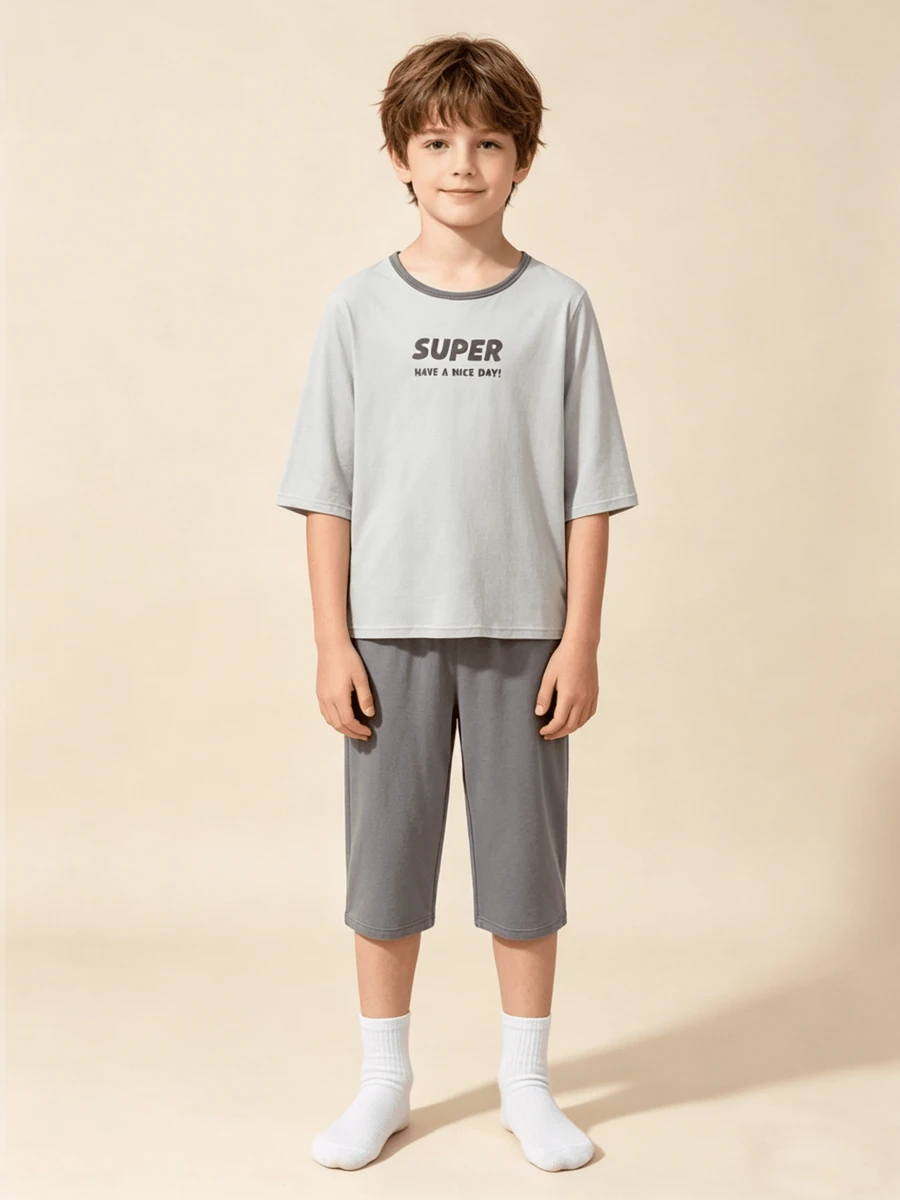 Bộ đồ ngủ mùa hè bằng cotton thoáng mát cho trẻ em, nhẹ và thoải mái. - tông màu xám - Xem 1