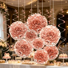 Rose Gold Single Ladies Party Hanging Decor - Wedding Party Aluminum Foil Swirl Paper Napkins, Pom Poms, Flower Bridal Shower Garland For Anniversary, Mother's Day, Birthday, Shower Party Decoration - A - View 2