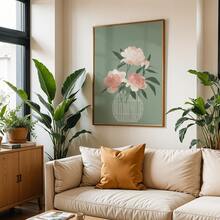 1pc Botanical Nordic Pale Pink Peony & Rustic Green Peonies Horizontal Canvas Wall Art - Modern Wrap-Around Frame Suitable For Living Room - A - View 7