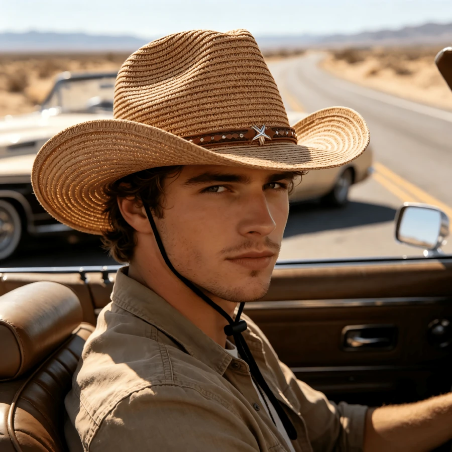 Chapéu de palha feminino estilo cowboy para o verão, com rebites em formato de estrela e cordão para ajuste, aba larga ideal para praia e festivais de música. - Tamanho único. - Ver 1