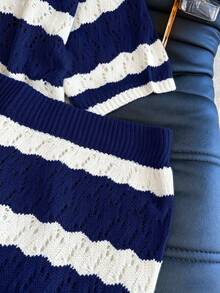 Women's Striped Polo Collar Shorts Set, Fashionable Casual Loose Hollow Thin Knit 2 Pieces Vacation Outfit, Spring/Summer - Royal Blue - View 9