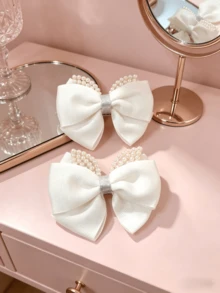 2pcs/Set Versatile Pearl Bow Hair Clips, Gentle Lady Style Headwear For Daily Commute - White - View 5