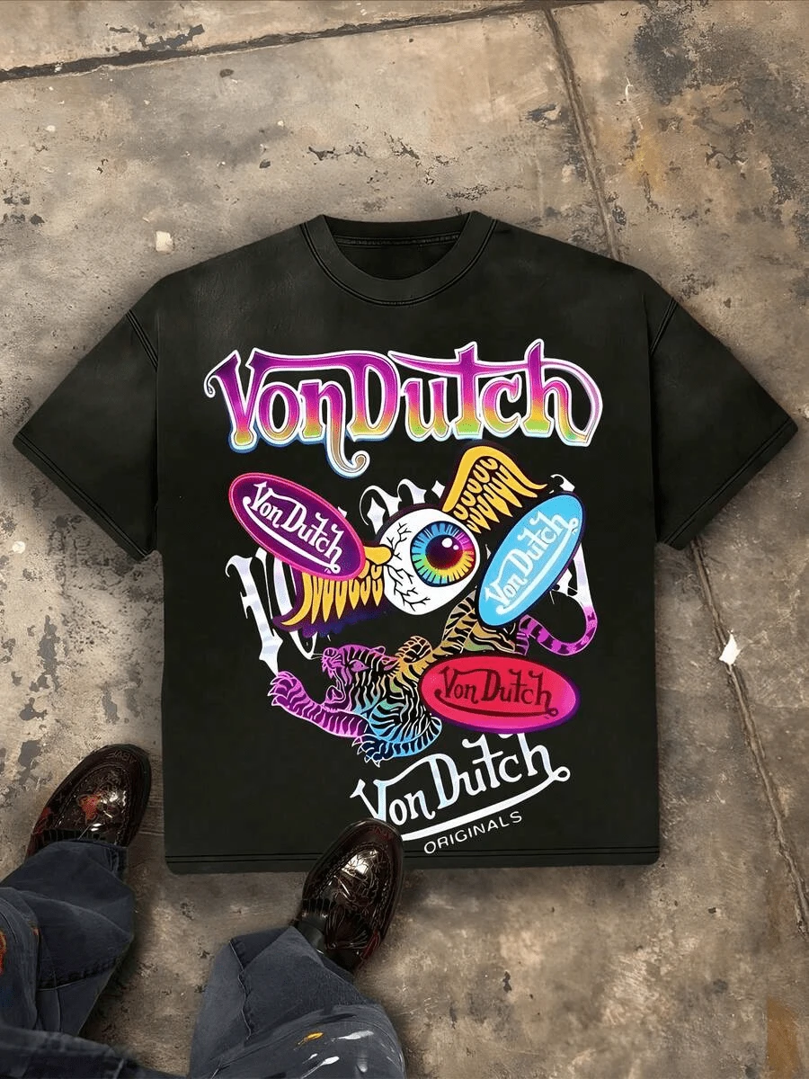 1pcs Tween Boy's Double Side Print Graphic Black Tee The Original Von Dutchh Design Fabric Soft & Skin-Friendly Unisex Style Gifts For Spring Festival, Valentine's Day, St. Patrick's Day & World Cup-Van Dutch Dragon Print Tween Boy T Shirt Classic Americana Style - 黑色 - 查看 1