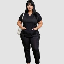 Women's Oxford Scrub Hospital Jogger Set Professional Work Casual Short Sleeve Veterinary Nurse Beautician With 2 Pockets Medical Uniform Surgical Scrub Pajamas Nursing Practice Shirt Lab Work Workwear Nursing Uniform Accented Plus Size Comfortable - 黑色 - 查看 5