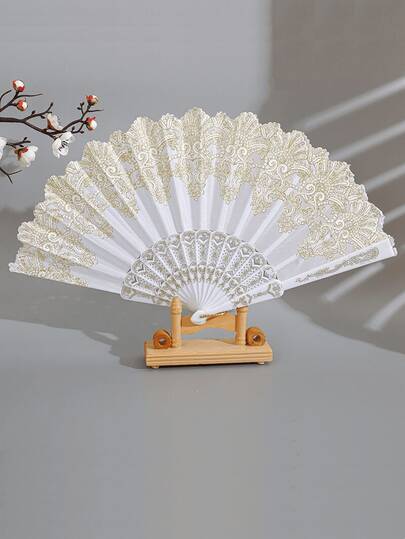 1pc Lightweight Fabric And Plastic Hand Fan, Gold Lace Trim, Compact Foldable, Suitable For Summer Cooling And Theme Events, Classic Elegant All-Season Style