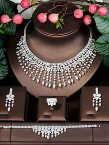 1 Set de joyería con decoración de corona de circonita cúbica, adecuado para el uso de mujeres - Plateado - Ver 2